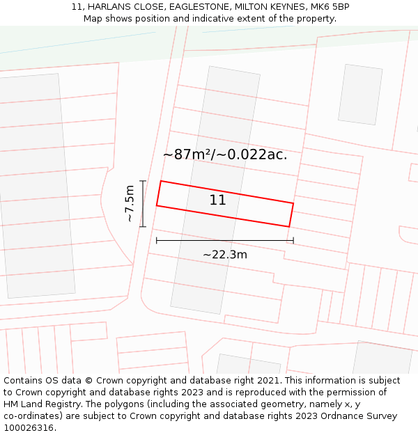11, HARLANS CLOSE, EAGLESTONE, MILTON KEYNES, MK6 5BP: Plot and title map