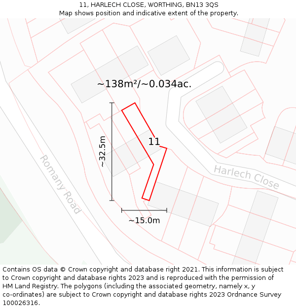 11, HARLECH CLOSE, WORTHING, BN13 3QS: Plot and title map