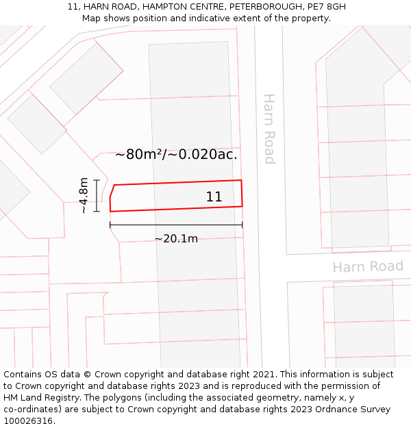11, HARN ROAD, HAMPTON CENTRE, PETERBOROUGH, PE7 8GH: Plot and title map