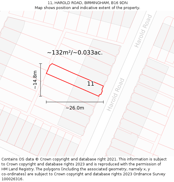 11, HAROLD ROAD, BIRMINGHAM, B16 9DN: Plot and title map