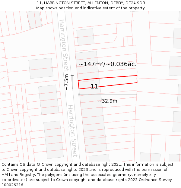 11, HARRINGTON STREET, ALLENTON, DERBY, DE24 9DB: Plot and title map