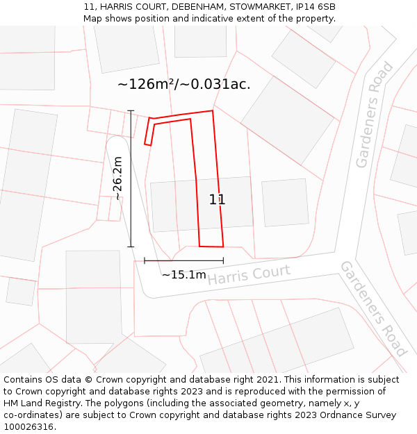 11, HARRIS COURT, DEBENHAM, STOWMARKET, IP14 6SB: Plot and title map