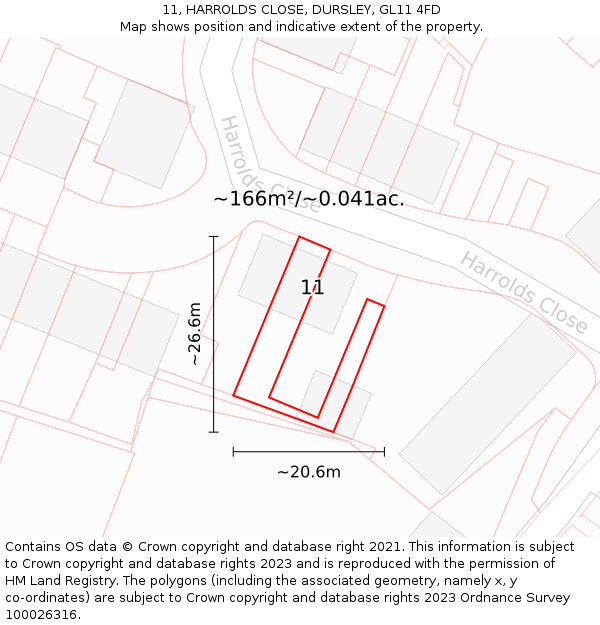 11, HARROLDS CLOSE, DURSLEY, GL11 4FD: Plot and title map