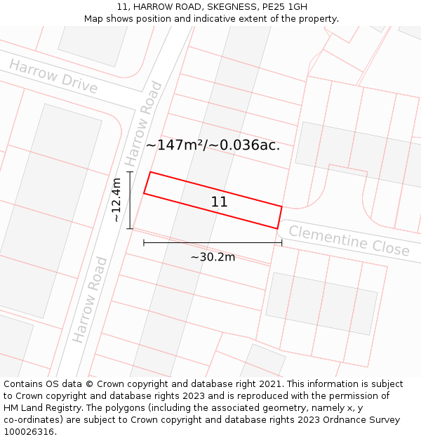 11, HARROW ROAD, SKEGNESS, PE25 1GH: Plot and title map