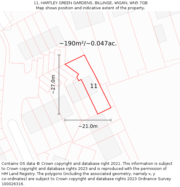 11, HARTLEY GREEN GARDENS, BILLINGE, WIGAN, WN5 7GB: Plot and title map