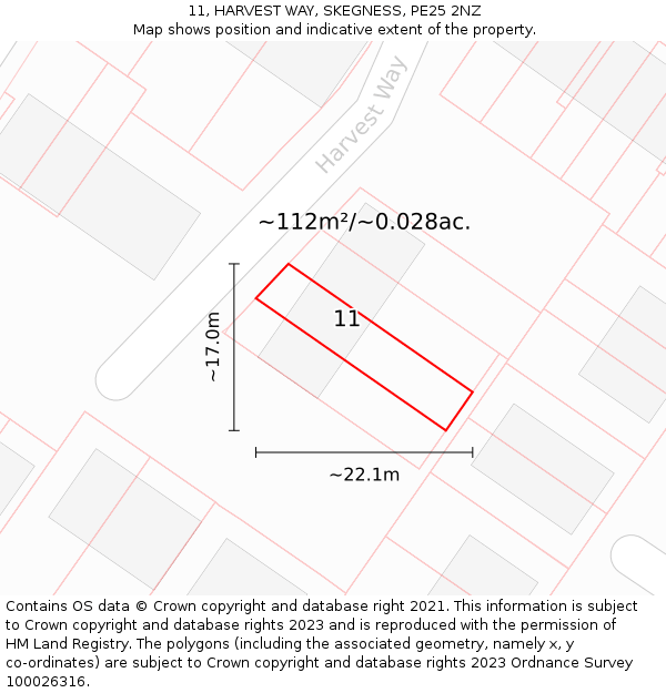 11, HARVEST WAY, SKEGNESS, PE25 2NZ: Plot and title map