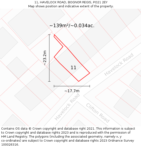 11, HAVELOCK ROAD, BOGNOR REGIS, PO21 2EY: Plot and title map