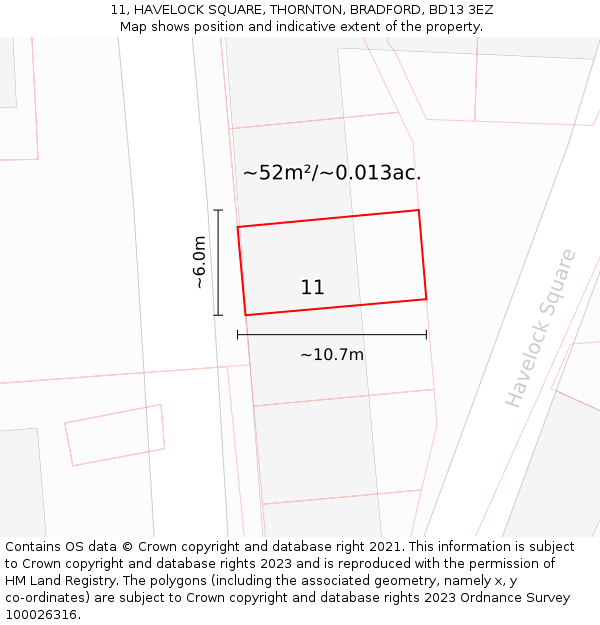11, HAVELOCK SQUARE, THORNTON, BRADFORD, BD13 3EZ: Plot and title map