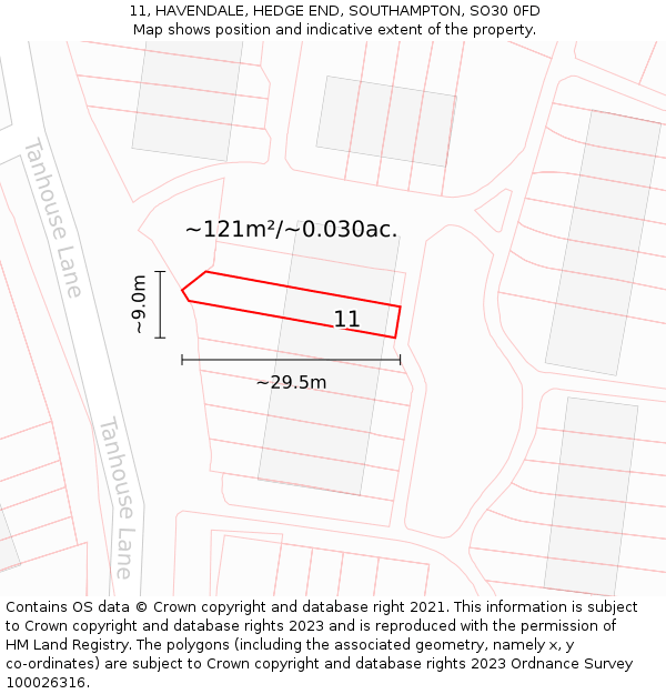 11, HAVENDALE, HEDGE END, SOUTHAMPTON, SO30 0FD: Plot and title map