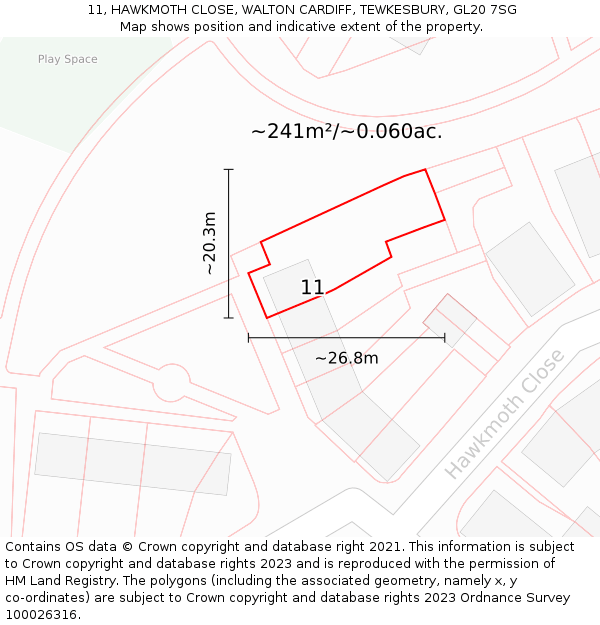 11, HAWKMOTH CLOSE, WALTON CARDIFF, TEWKESBURY, GL20 7SG: Plot and title map