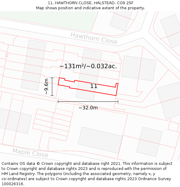 11, HAWTHORN CLOSE, HALSTEAD, CO9 2SF: Plot and title map