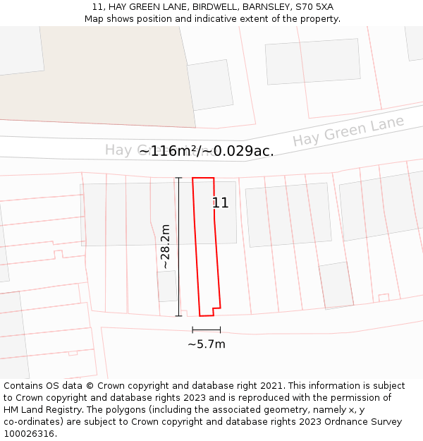 11, HAY GREEN LANE, BIRDWELL, BARNSLEY, S70 5XA: Plot and title map