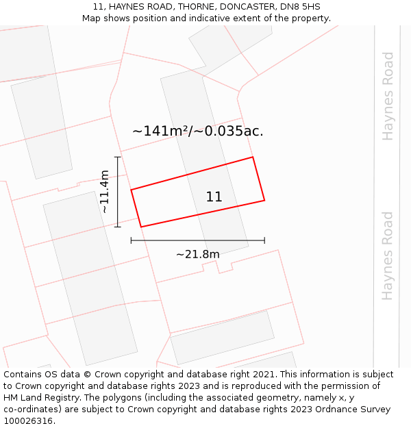 11, HAYNES ROAD, THORNE, DONCASTER, DN8 5HS: Plot and title map