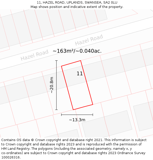 11, HAZEL ROAD, UPLANDS, SWANSEA, SA2 0LU: Plot and title map