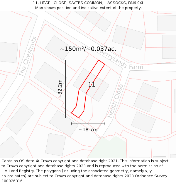 11, HEATH CLOSE, SAYERS COMMON, HASSOCKS, BN6 9XL: Plot and title map