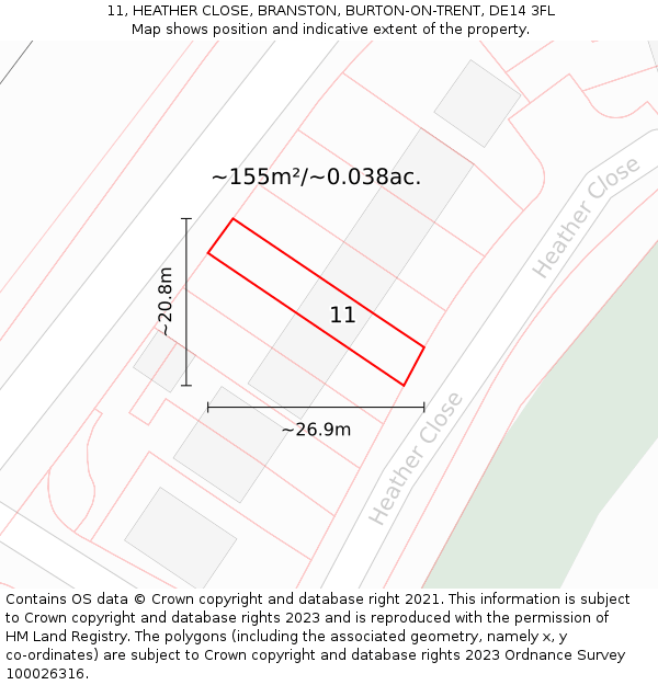 11, HEATHER CLOSE, BRANSTON, BURTON-ON-TRENT, DE14 3FL: Plot and title map