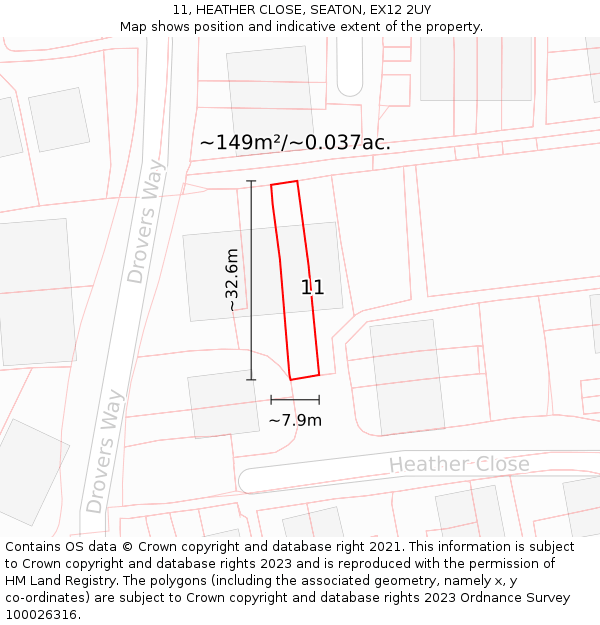 11, HEATHER CLOSE, SEATON, EX12 2UY: Plot and title map