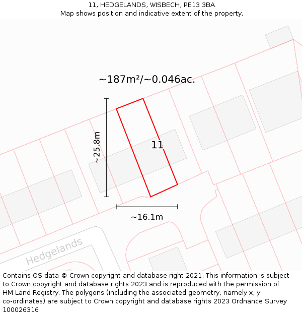 11, HEDGELANDS, WISBECH, PE13 3BA: Plot and title map
