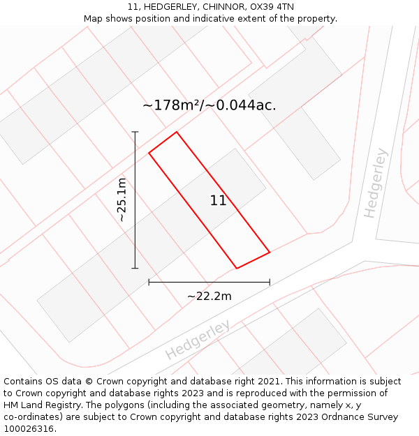 11, HEDGERLEY, CHINNOR, OX39 4TN: Plot and title map