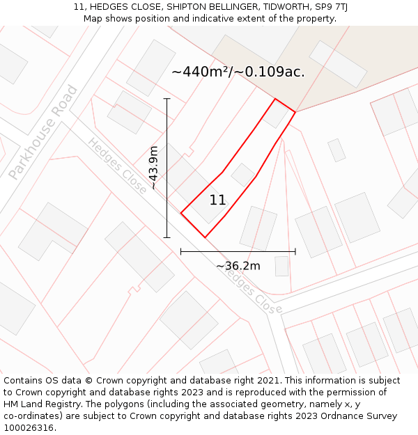 11, HEDGES CLOSE, SHIPTON BELLINGER, TIDWORTH, SP9 7TJ: Plot and title map