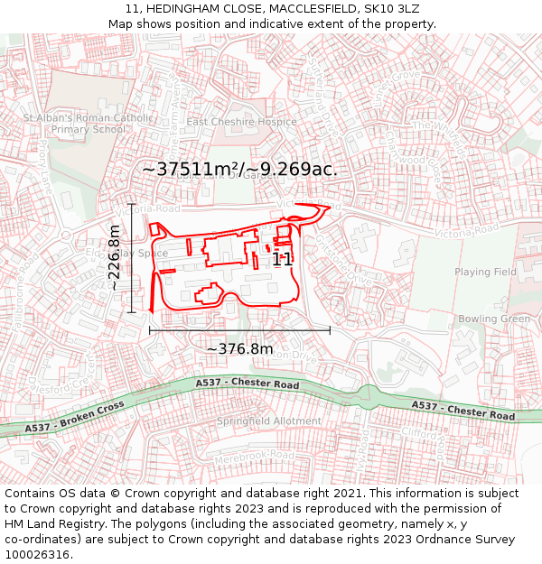 11, HEDINGHAM CLOSE, MACCLESFIELD, SK10 3LZ: Plot and title map