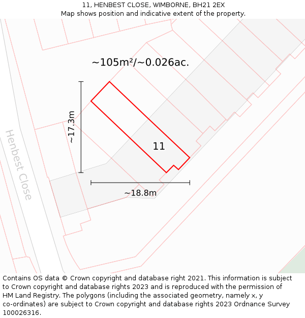 11, HENBEST CLOSE, WIMBORNE, BH21 2EX: Plot and title map