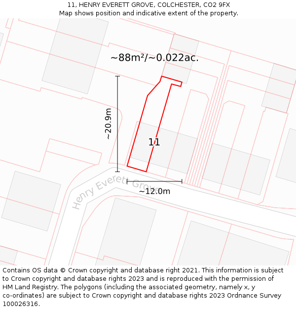 11, HENRY EVERETT GROVE, COLCHESTER, CO2 9FX: Plot and title map