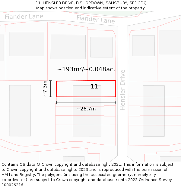 11, HENSLER DRIVE, BISHOPDOWN, SALISBURY, SP1 3DQ: Plot and title map