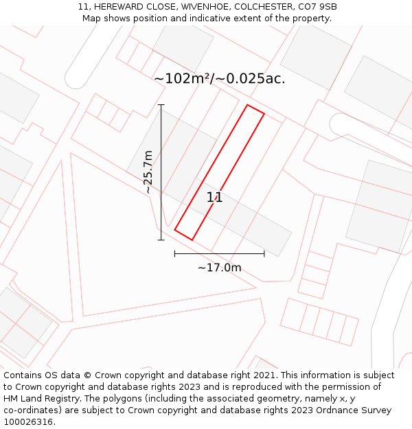 11, HEREWARD CLOSE, WIVENHOE, COLCHESTER, CO7 9SB: Plot and title map