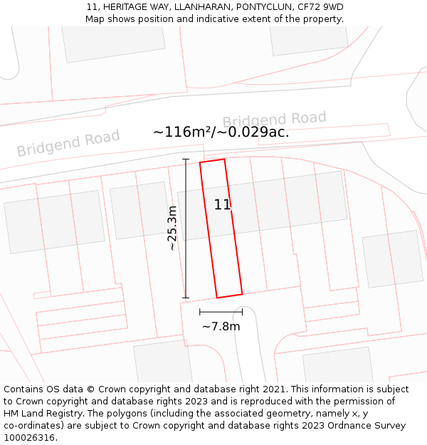 11, HERITAGE WAY, LLANHARAN, PONTYCLUN, CF72 9WD: Plot and title map