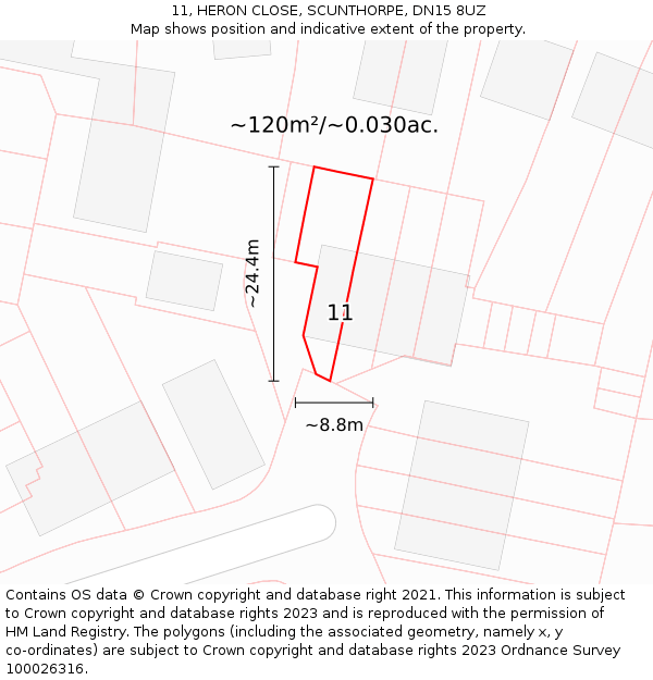 11, HERON CLOSE, SCUNTHORPE, DN15 8UZ: Plot and title map