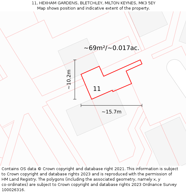 11, HEXHAM GARDENS, BLETCHLEY, MILTON KEYNES, MK3 5EY: Plot and title map