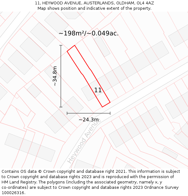 11, HEYWOOD AVENUE, AUSTERLANDS, OLDHAM, OL4 4AZ: Plot and title map