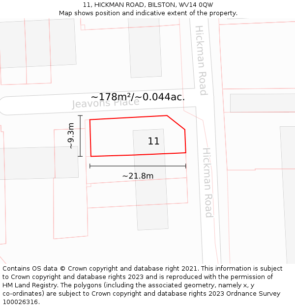 11, HICKMAN ROAD, BILSTON, WV14 0QW: Plot and title map