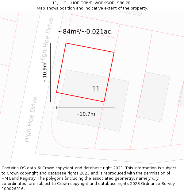 11, HIGH HOE DRIVE, WORKSOP, S80 2PL: Plot and title map