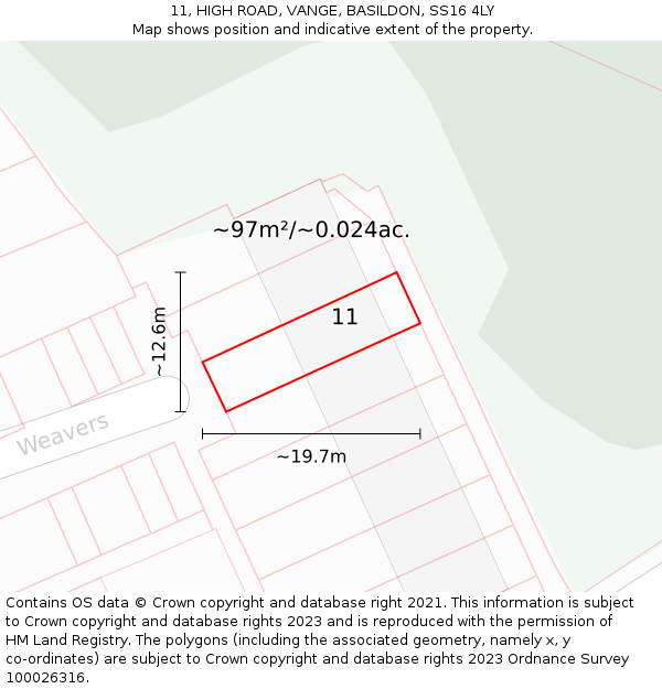 11, HIGH ROAD, VANGE, BASILDON, SS16 4LY: Plot and title map