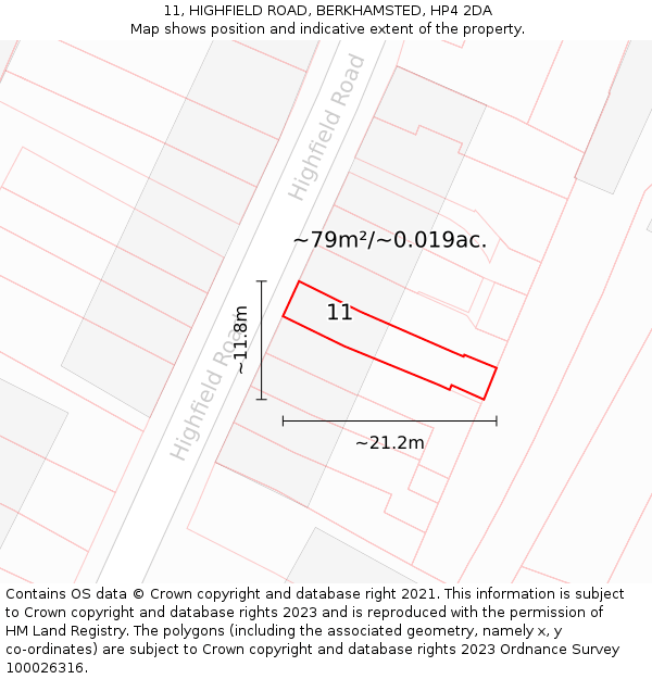 11, HIGHFIELD ROAD, BERKHAMSTED, HP4 2DA: Plot and title map