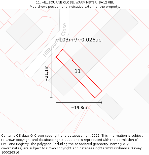 11, HILLBOURNE CLOSE, WARMINSTER, BA12 0BL: Plot and title map