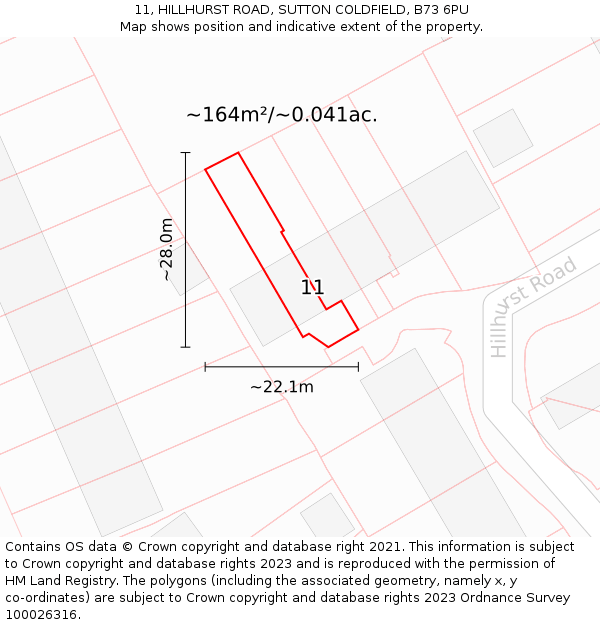 11, HILLHURST ROAD, SUTTON COLDFIELD, B73 6PU: Plot and title map