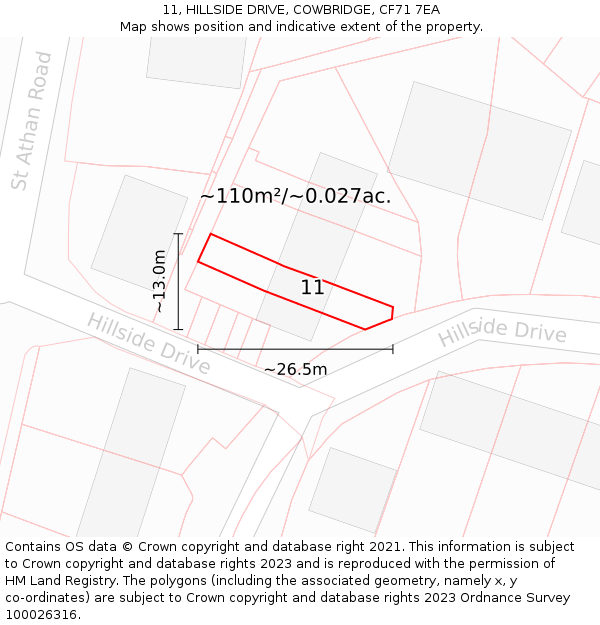 11, HILLSIDE DRIVE, COWBRIDGE, CF71 7EA: Plot and title map