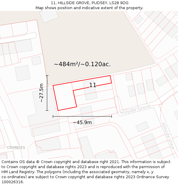 11, HILLSIDE GROVE, PUDSEY, LS28 9DG: Plot and title map