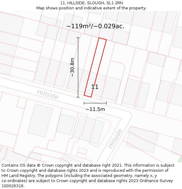 11, HILLSIDE, SLOUGH, SL1 2RN: Plot and title map