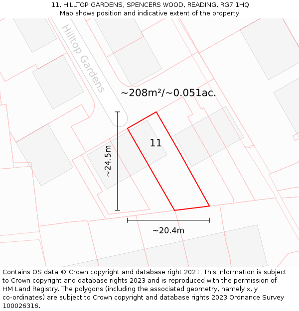 11, HILLTOP GARDENS, SPENCERS WOOD, READING, RG7 1HQ: Plot and title map