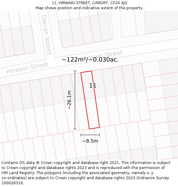 11, HIRWAIN STREET, CARDIFF, CF24 4JG: Plot and title map