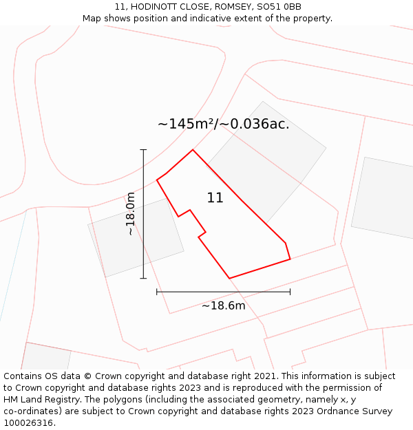 11, HODINOTT CLOSE, ROMSEY, SO51 0BB: Plot and title map