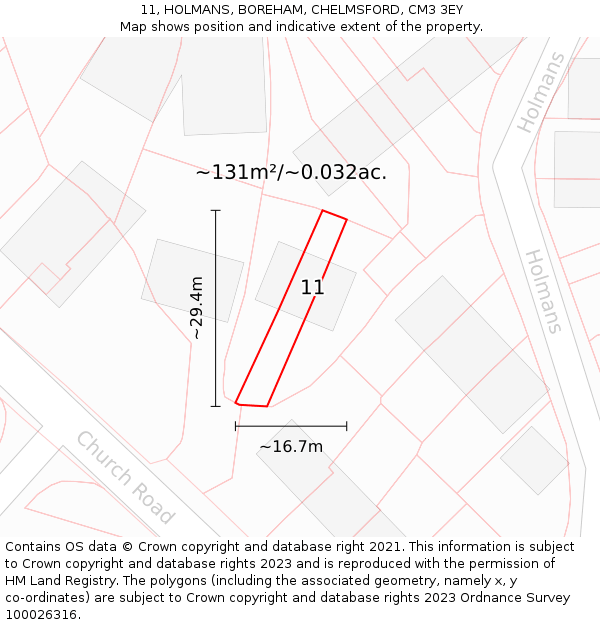 11, HOLMANS, BOREHAM, CHELMSFORD, CM3 3EY: Plot and title map