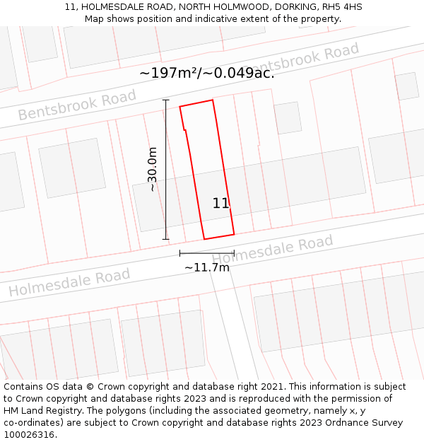 11, HOLMESDALE ROAD, NORTH HOLMWOOD, DORKING, RH5 4HS: Plot and title map