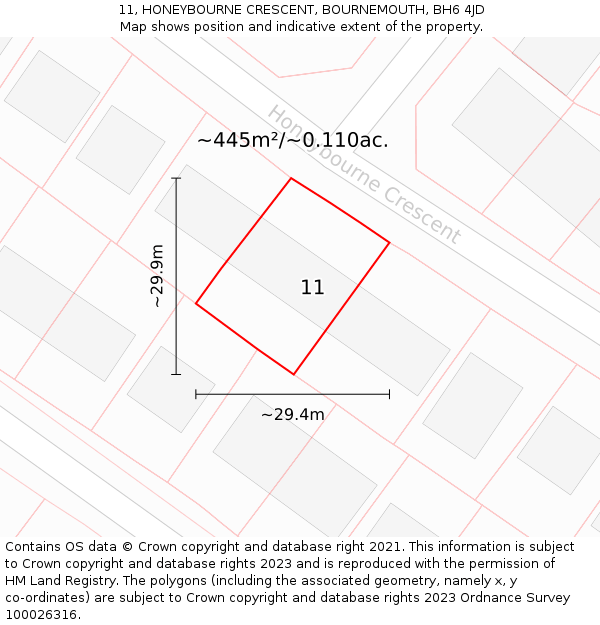 11, HONEYBOURNE CRESCENT, BOURNEMOUTH, BH6 4JD: Plot and title map