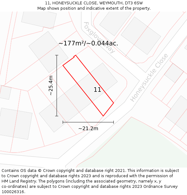 11, HONEYSUCKLE CLOSE, WEYMOUTH, DT3 6SW: Plot and title map