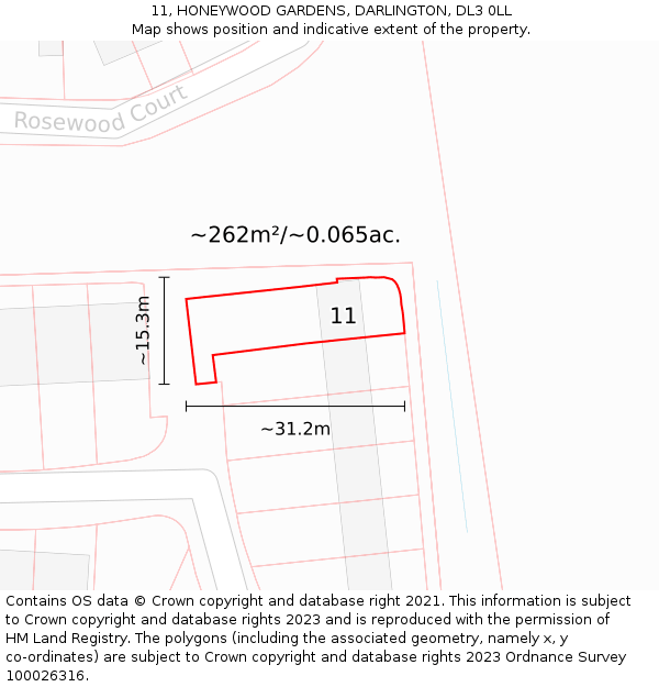 11, HONEYWOOD GARDENS, DARLINGTON, DL3 0LL: Plot and title map